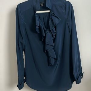 Ann Taylor Navy Blouse, S - Sm, V-Neck with enclosure snap, Ruffled in front